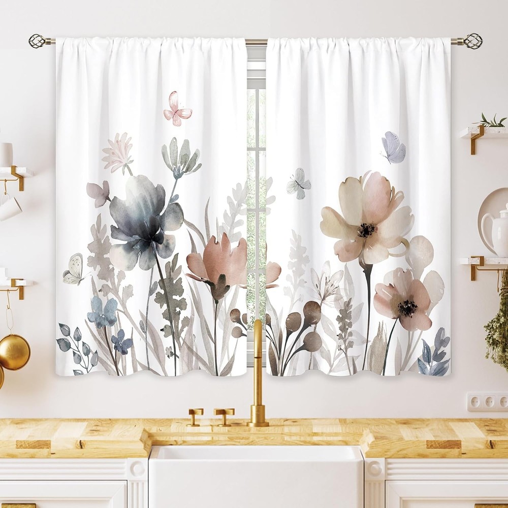 Watercolor Boho Flower Small Kitchen Curtains Wildflower Rustic Floral Window T