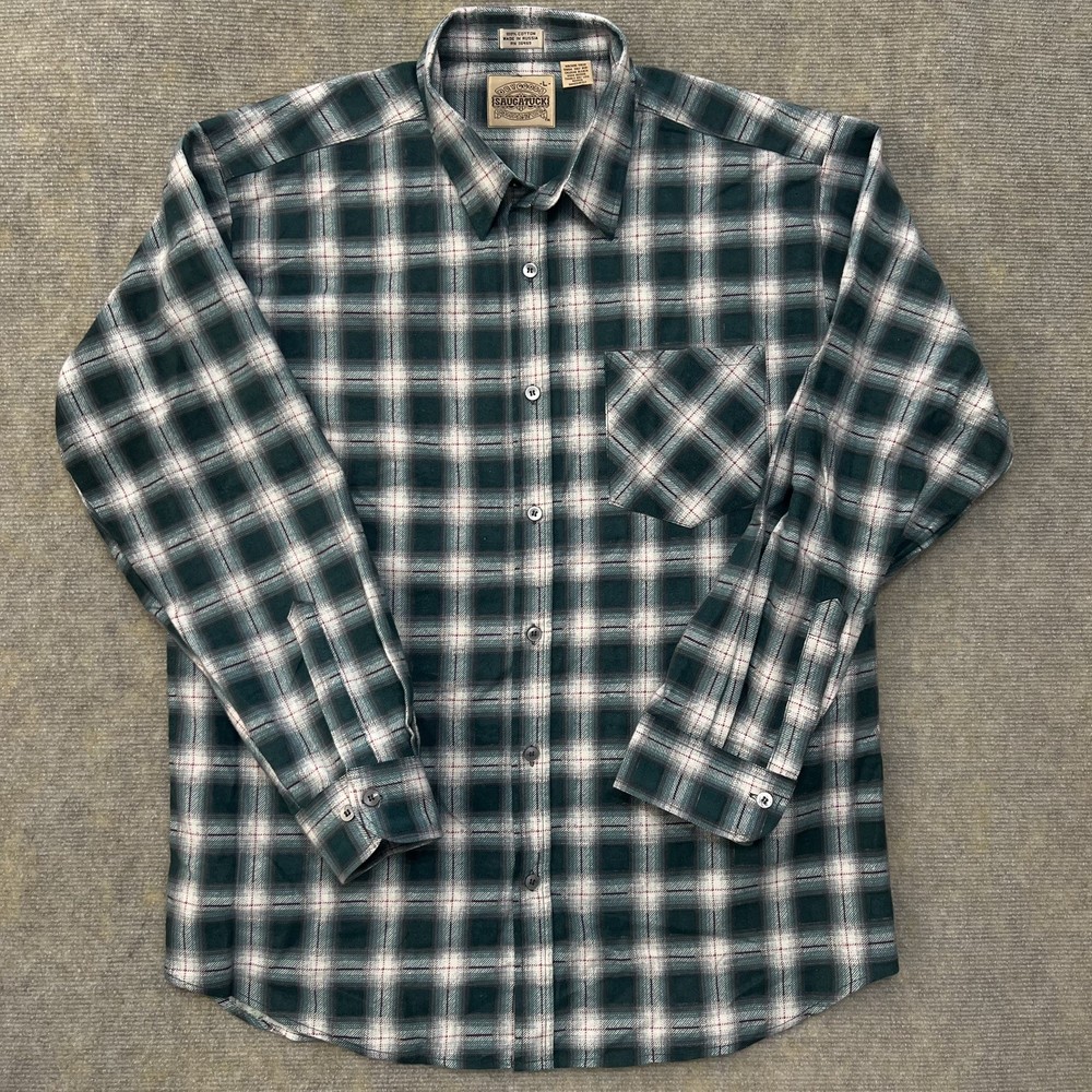 Vtg Saugatuck Dry Goods Flannel Shirt Size Lrg Men's Pocket Button Green plaid