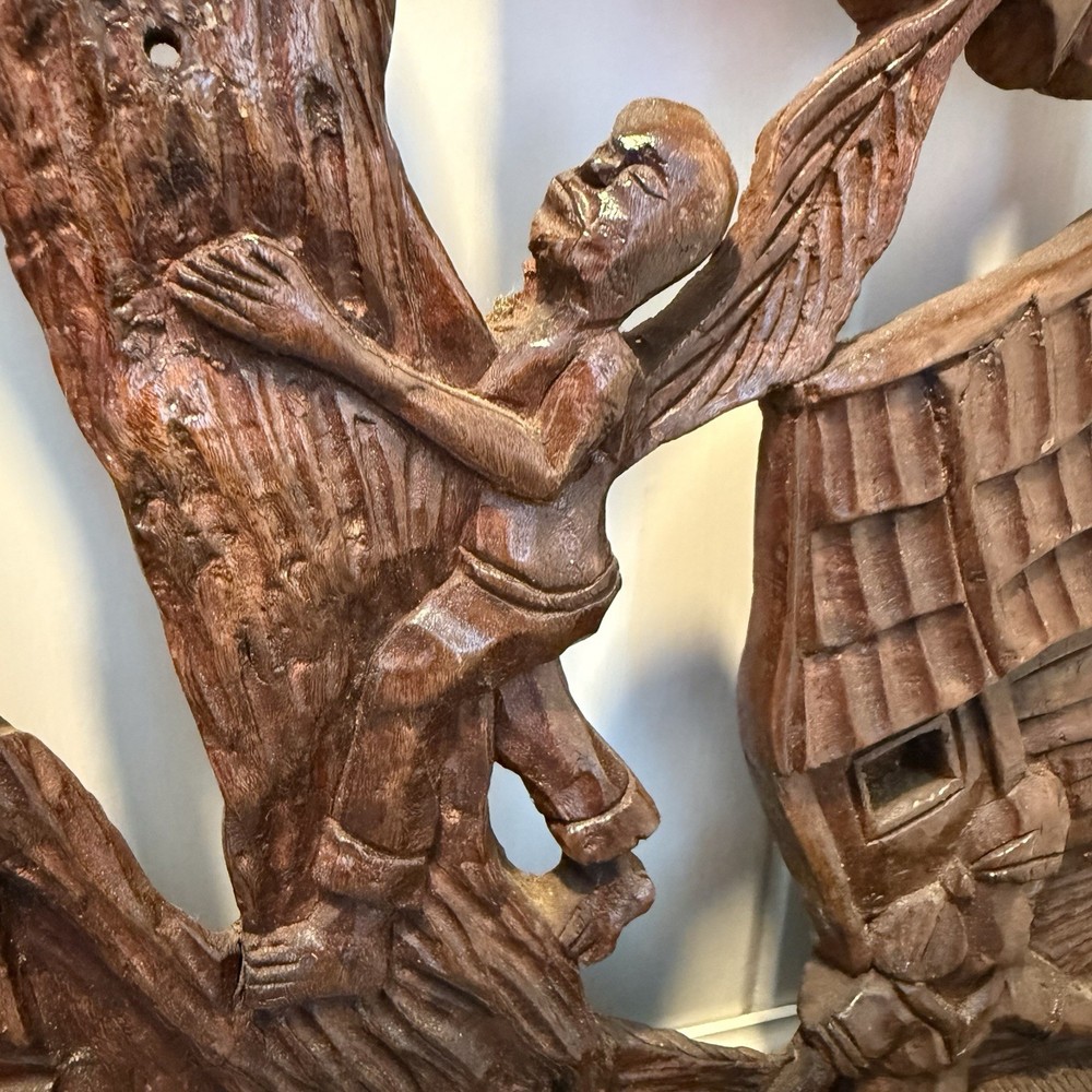 Hand Carved Wood Wall Art Village Scene Tree Folk Art 37” Large Panel