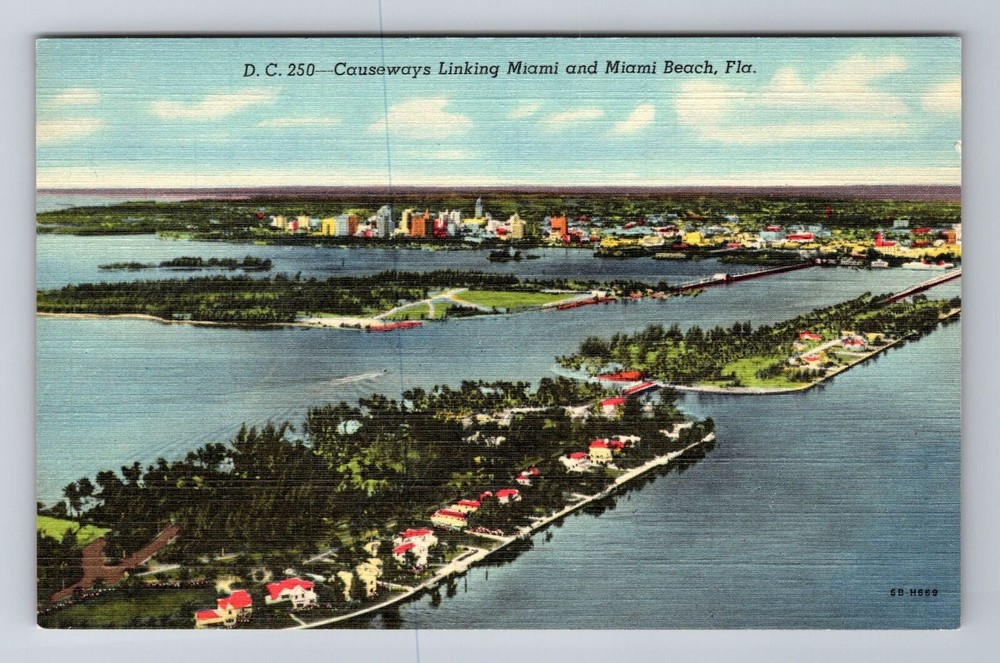 Miami Beach FL-Florida, Causeways Linking Miami and Miami Beach Vintage Postcard