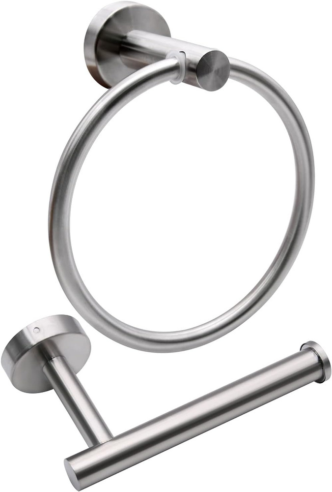 2Pcs Brushed Nickel Toilet Paper Holder and Towel Ring Set, Stainless Steel Hand