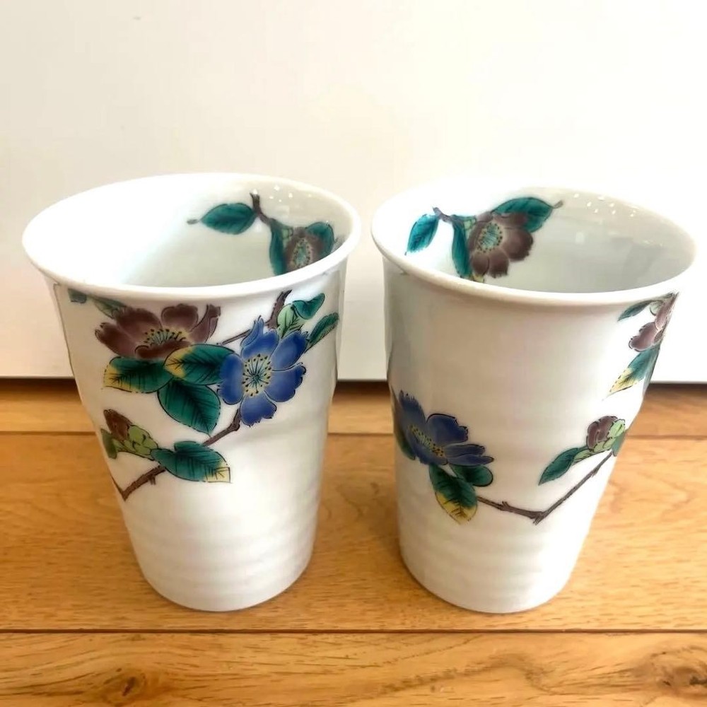 Kutani Ware Pair Sasanqua Teacups Set of 2, Japanese Pottery, Handcrafted