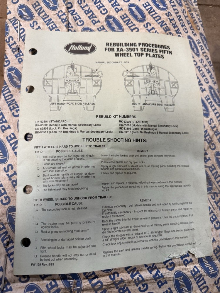 New Holland Semi Fifth Wheel Hitch Rebuild Kit xA-3501 Series