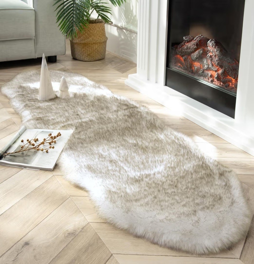 Faux Fox Fur Rug 2x6 feet White Brown Fluffy Shag Carpet Chair Floor Mat