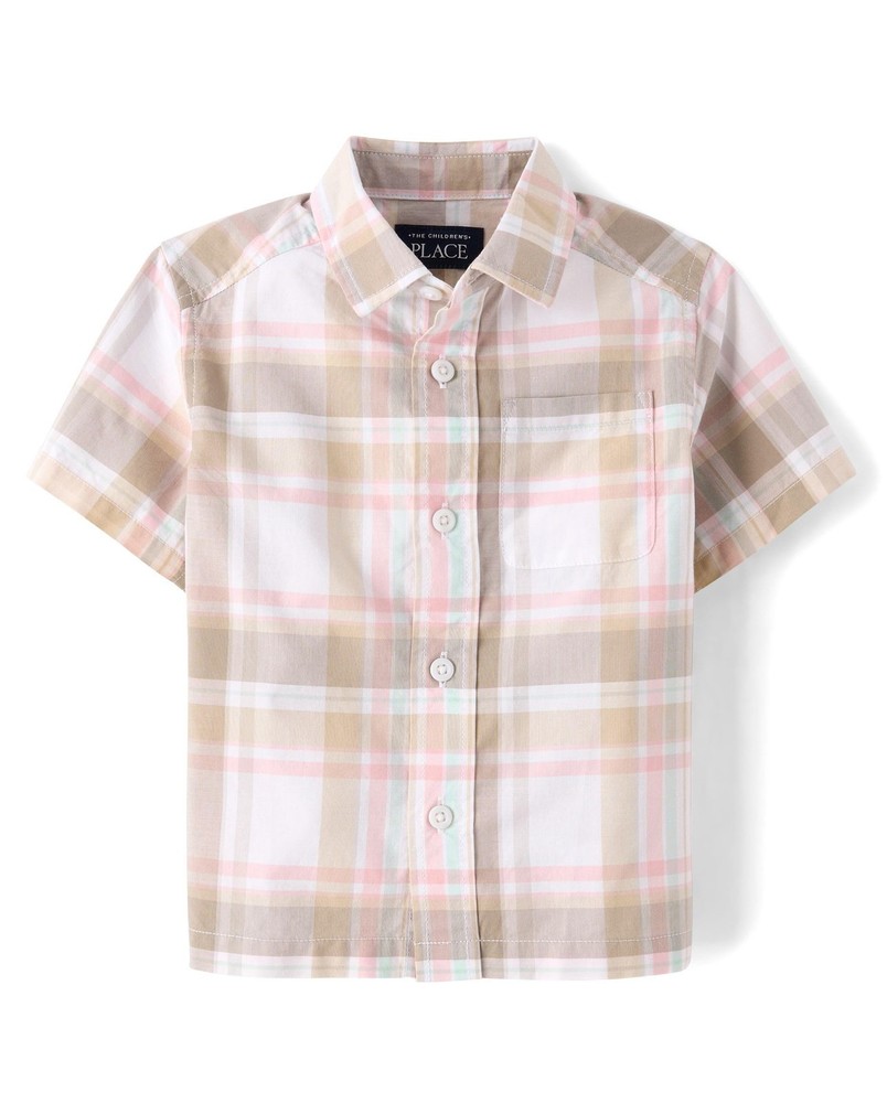 ,Baby Boys,and Poplin Short Sleeve Button Down Shirt,Sandy Plaid,12 Months,18...