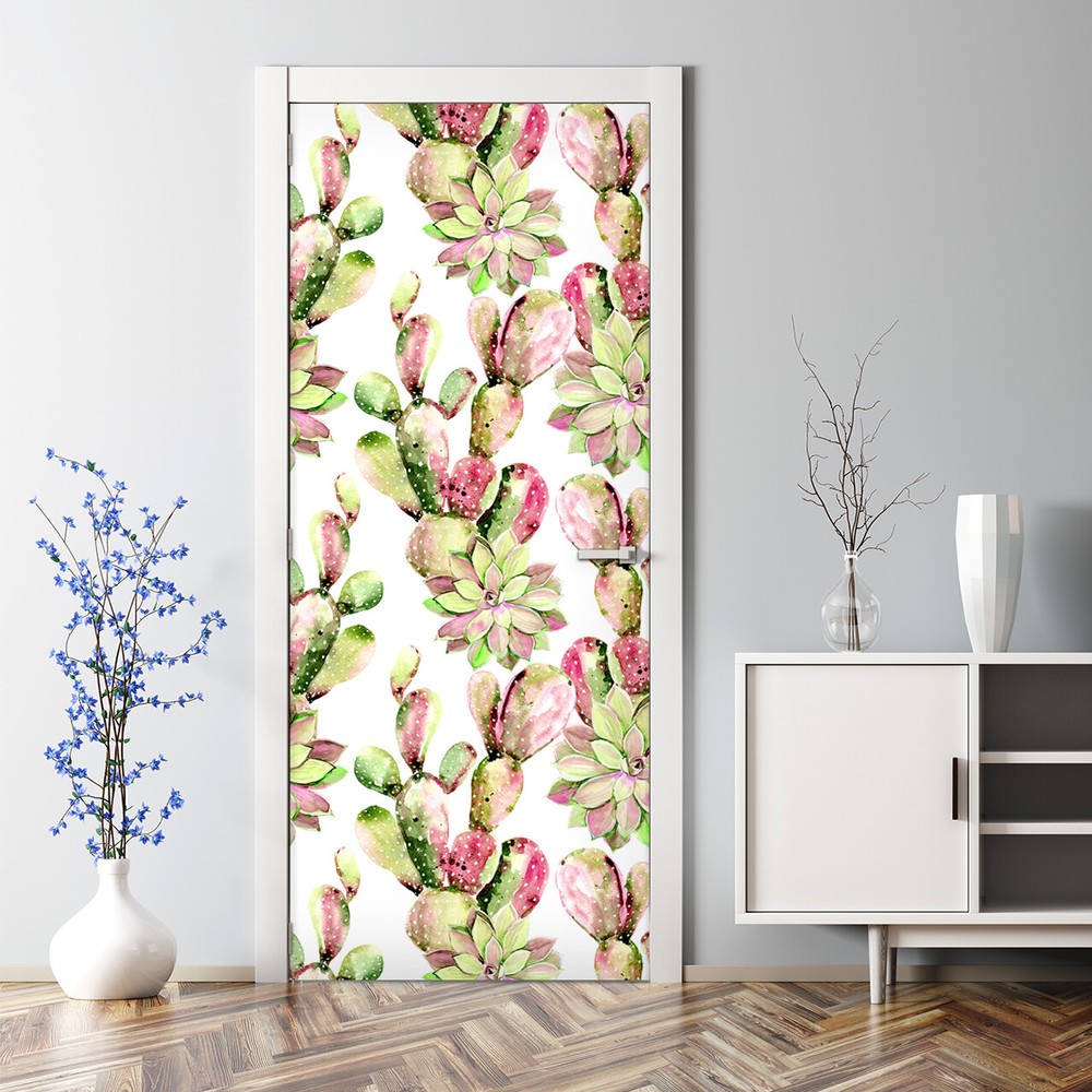 Watercolor Cactus Flower Self-Adhesive Door Decal for Home Decor