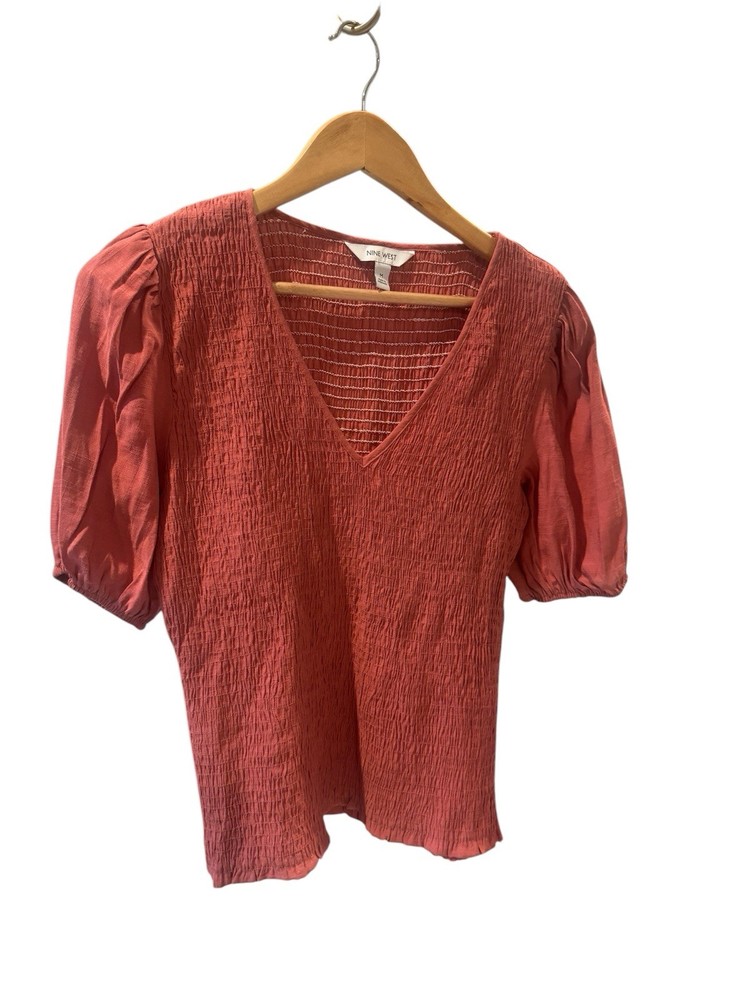 Women's Blouse Nine West Short Puff Sleeve Smocked Coral Size M Boho