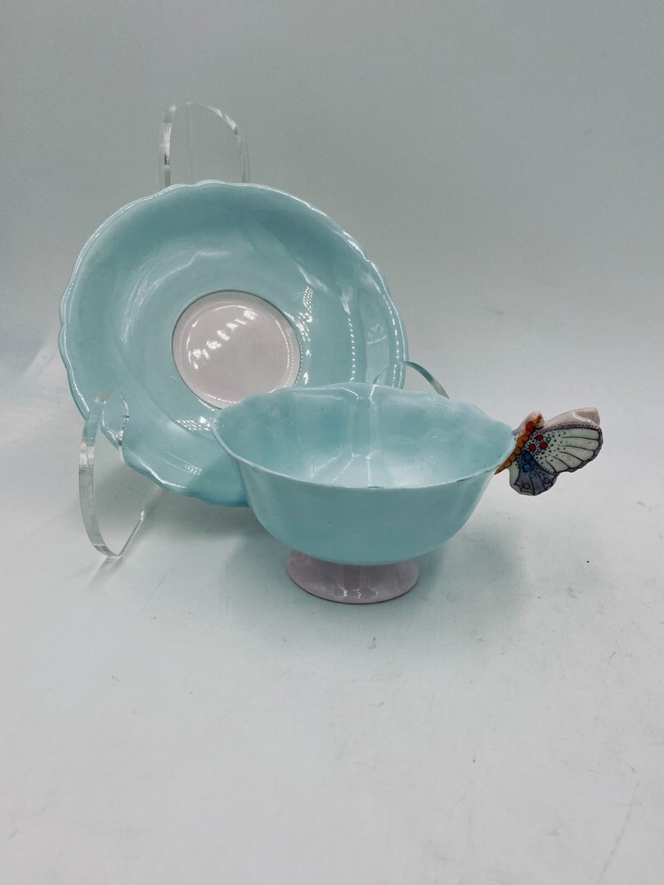 Paragon Tea Cup and Saucer Butterfly Handle Pale Turquoise Vintage Bone China