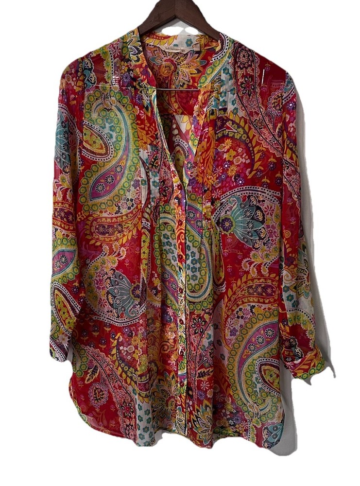 Soft Surroundings Women Tunic Blouse Top Sz M Multi Floral Boho Semi Sheer Artsy