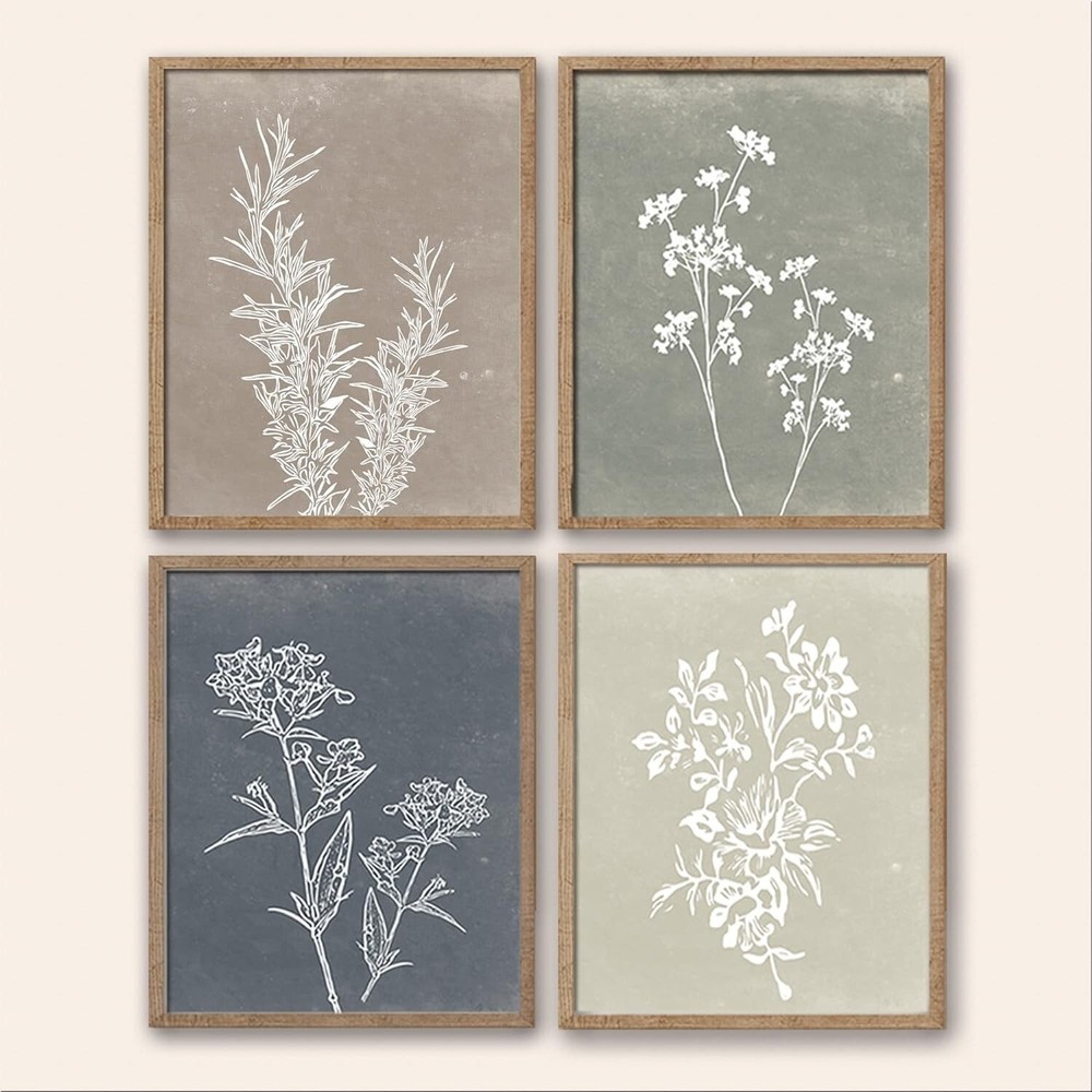 Lightweight Framed Botanical Art Set - 4-Piece Rustic Farmhouse Decor