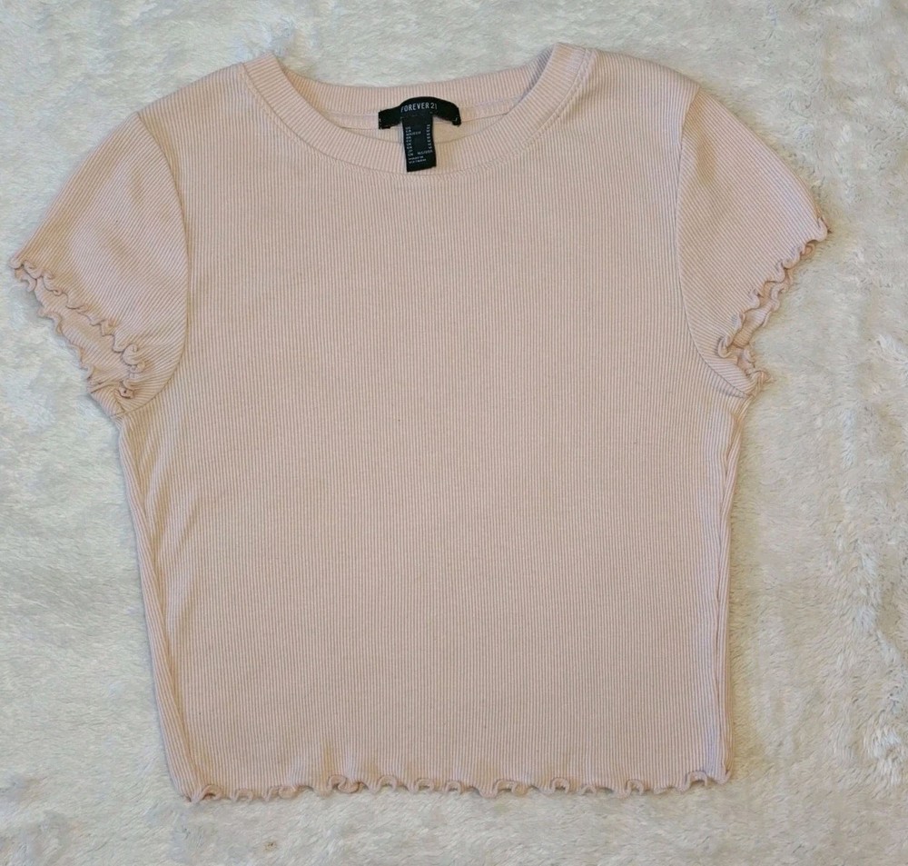 Forever 21 Medium Soft Pink Lettuce Hem Trim Rib-knit Crop Top Short Sleeve