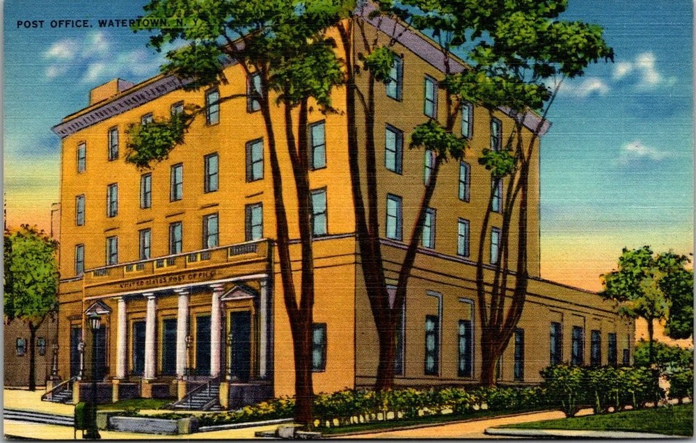Watertown NY Post Office Vintage Linen Postcard Wm. Jubb Co.