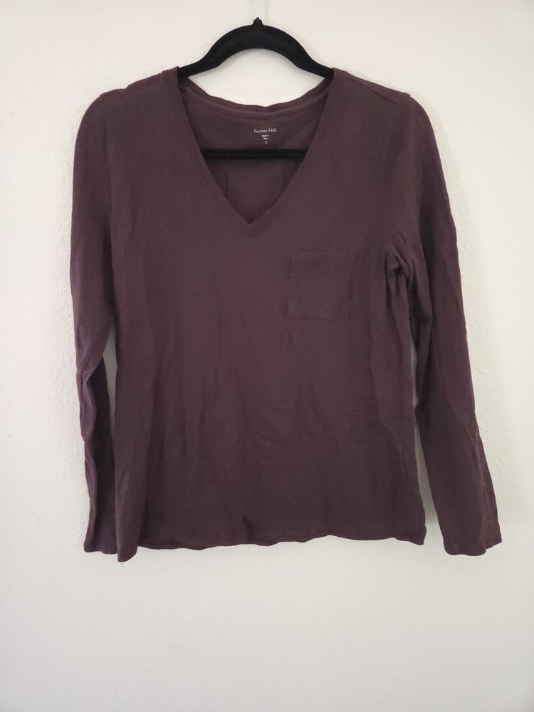 Womens Garnet Hill Organic Pima Cotton Brown Classic Long Sleeve V Neck Sz S