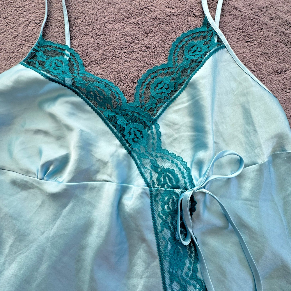 Vtg Victoria's Secret Angels Blue Satin Lace Trim Babydoll Slip Dress Medium