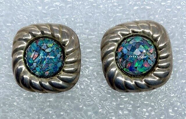 Pretty Vintage Natural Opal Chip Sterling Silver Post Square Earrings 925