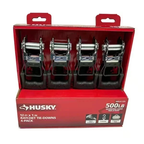 HUSKY RATCHET TIE-DOWN STRAPS 4-PACK 1 in x 12 ft Quick Release Hook 1500 lbs