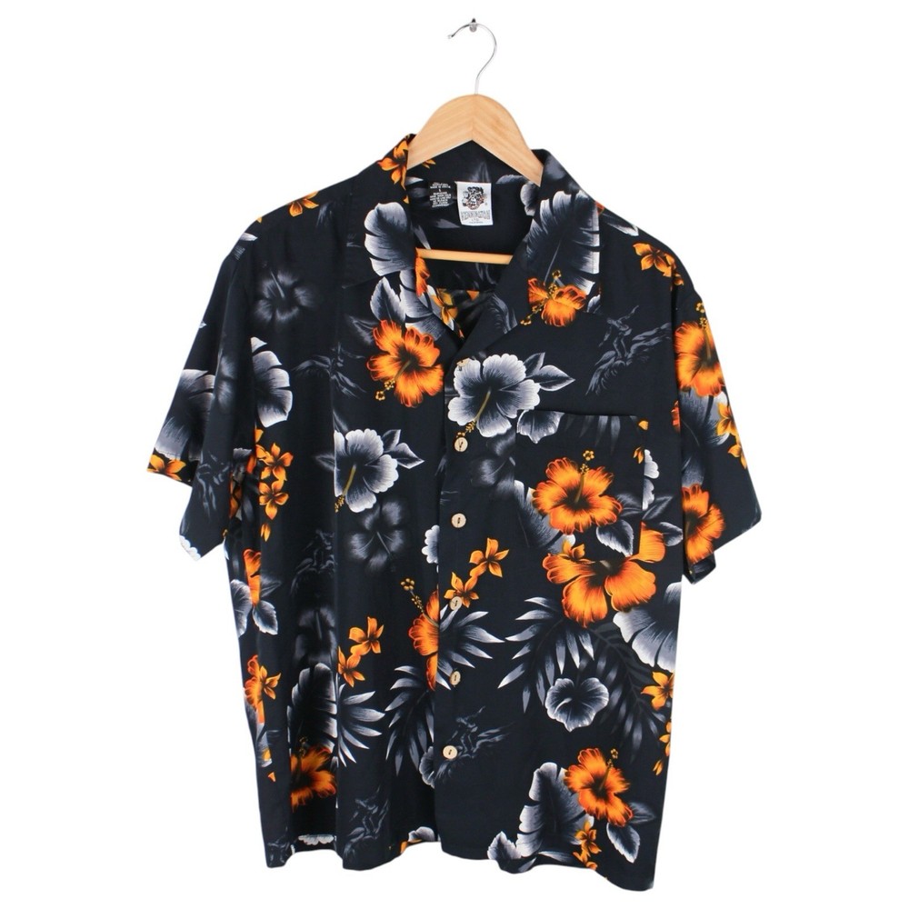 Kennington Hawaiian Shirt Mens Large Black Floral Surfer Orange Short Sleeve