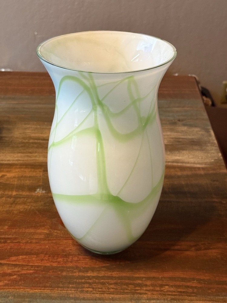 White Green Glass Vase Swirl Pattern Glossy Art Decorative
