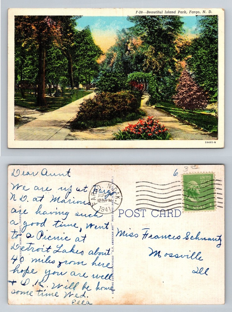 Fargo, ND-North Dakota, Island Park Garden Paths Flowers Vintage c1941 Postcard