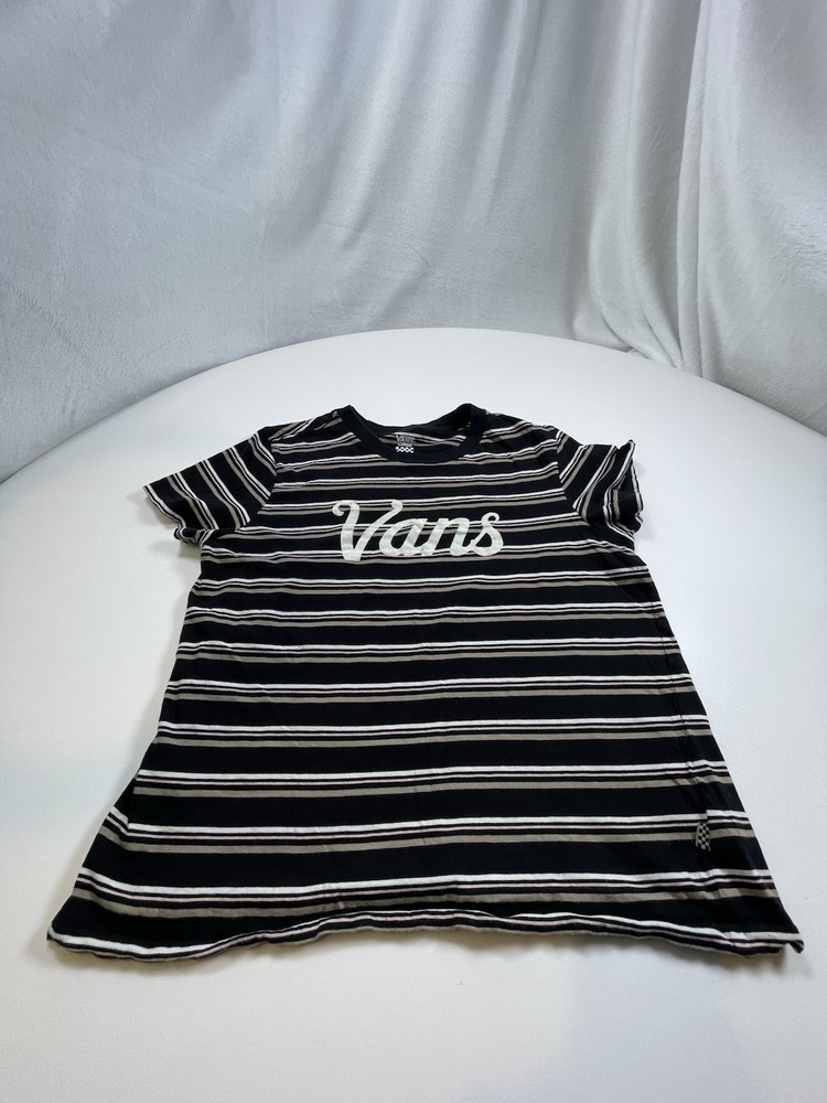 Vans Striped Logo T-Shirt Women's Sz L Black White Pink Cotton Skate Cotton Tee