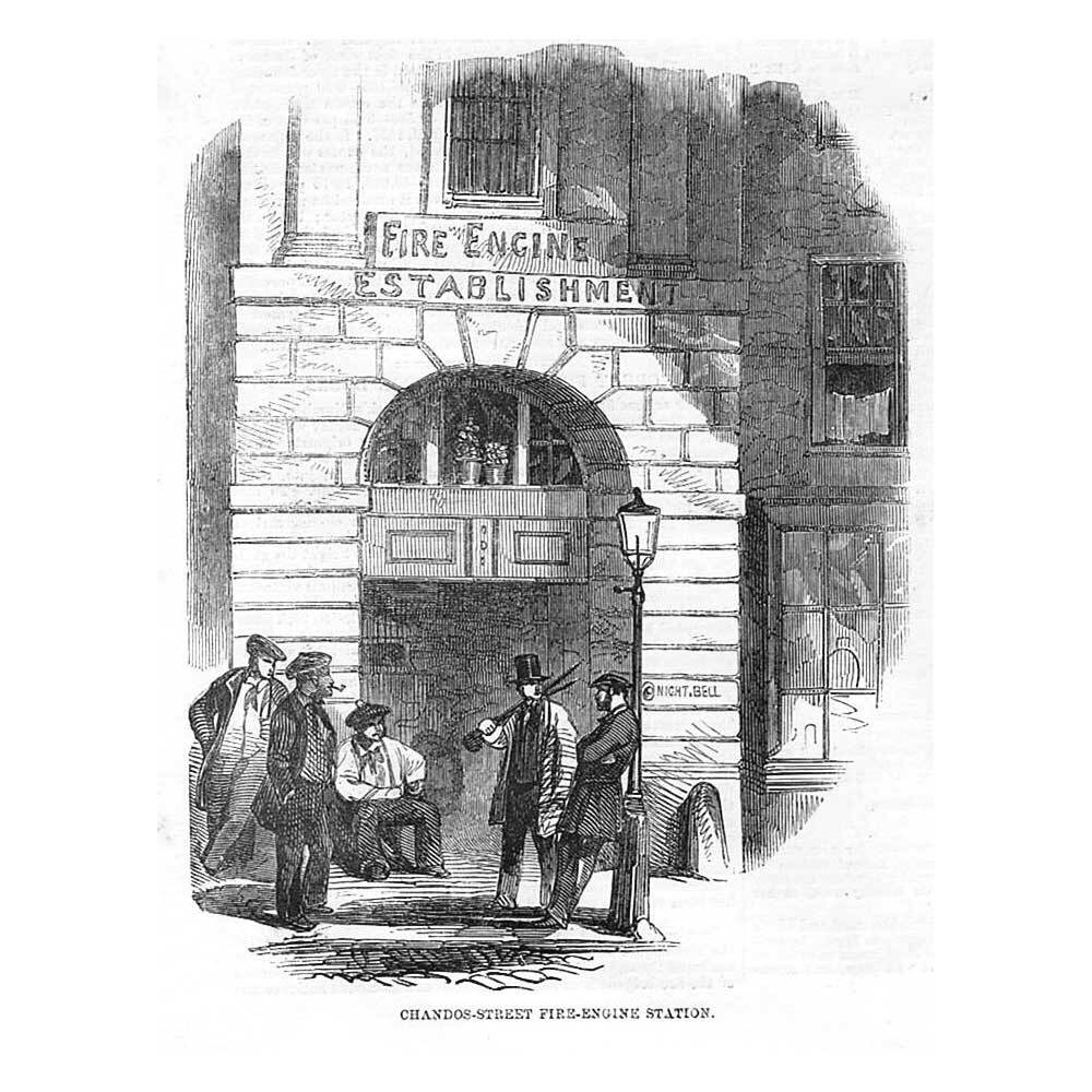 LONDON Chandos Street Fire Station - Antique Print 1858