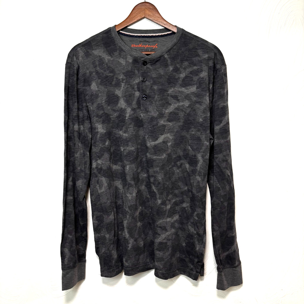 Weatherproof Vintage Camo Long Sleeve T-Shirt Gray Pullover Henley Neck Mens S
