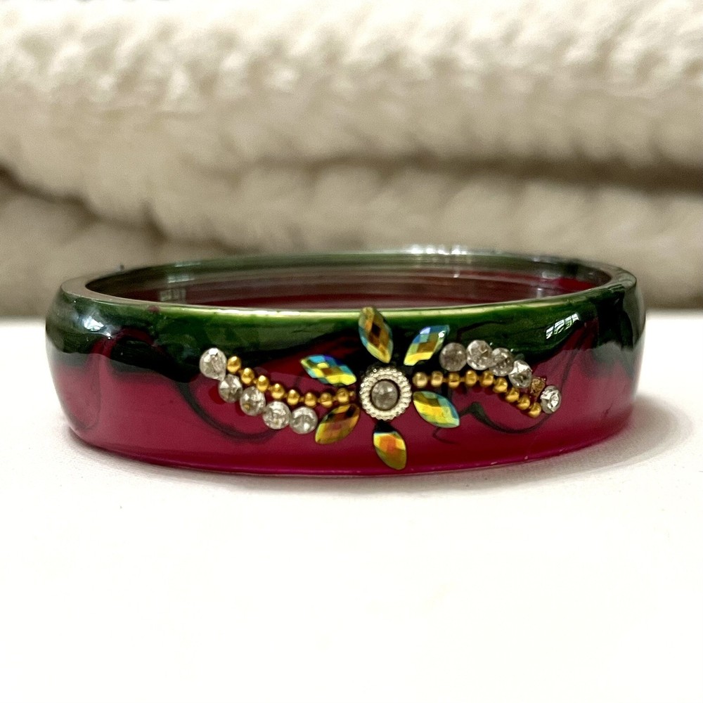 Bangle Bracelet Acrylic Floral Design with Rhinestones Red Green Hand Painted 3”