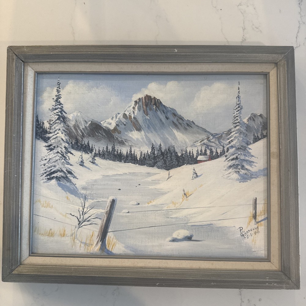Vintage Mountain Landscape Oil Painting Winter Snow Forest Signed Framed