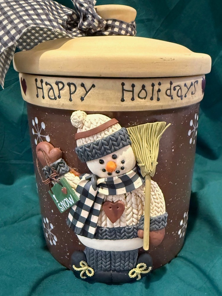 Snowman Winter Happy Holidays 3D Ceramic Canister Cookie Jar  w Lid See Pictures
