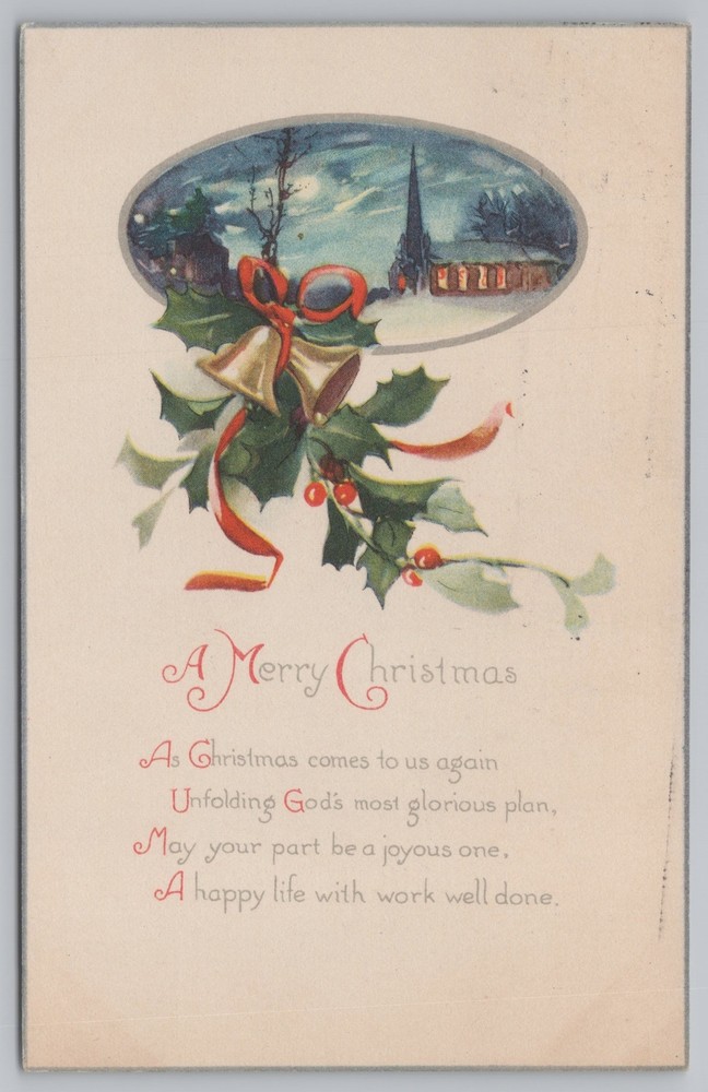 Holiday~Bells Holly & Church At Night Christmas Greeting Poem~Vintage Postcard
