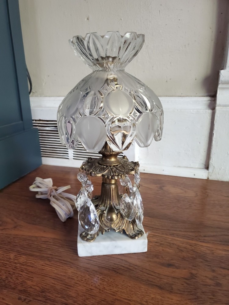 Antique Portable Vintage Lamp Crystal Brass With Marble Base