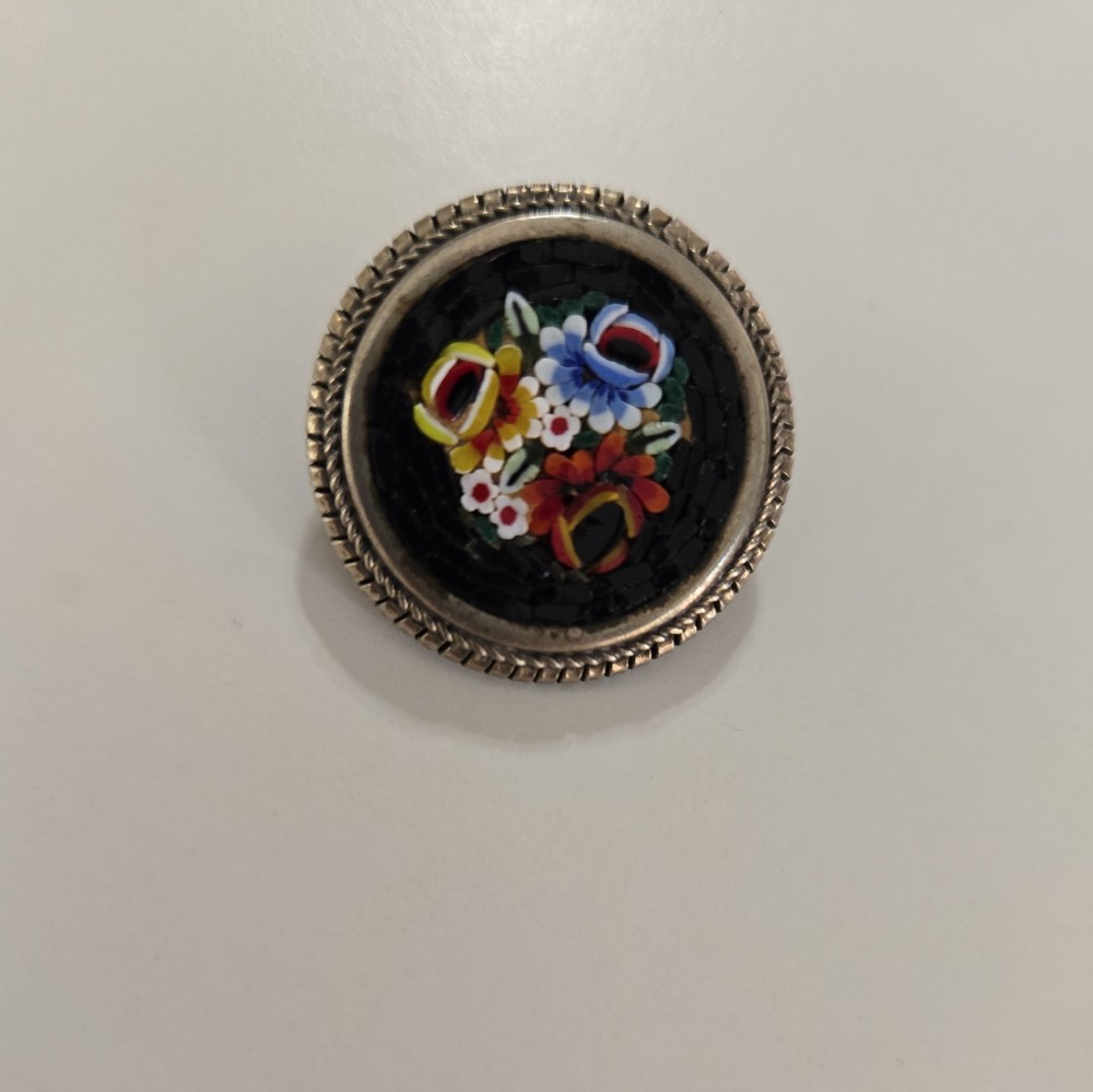 Vintage Italian Micro Mosaic Floral Brooch in silver tone frame