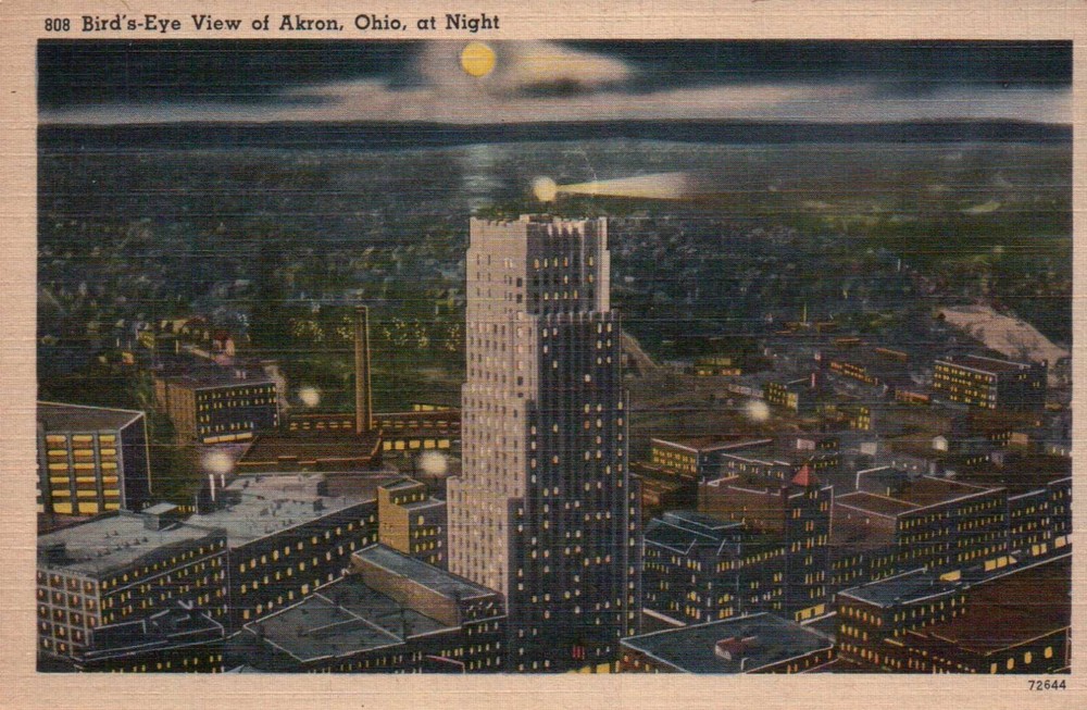 Bird's Eye View of Akron Ohio at Night --- Old Vintage Standard Linen Postcard