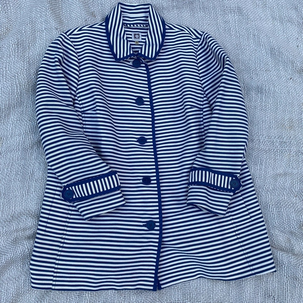 Anne Klein Blue White Textured Woven Long Jacket 20W Lined Button Front