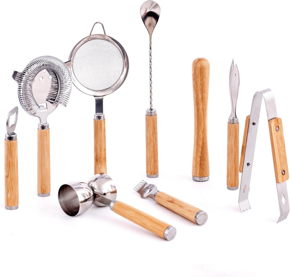 Bartender Kit 9-Piece Bar Tool Set Cocktail Shaker with Wooden