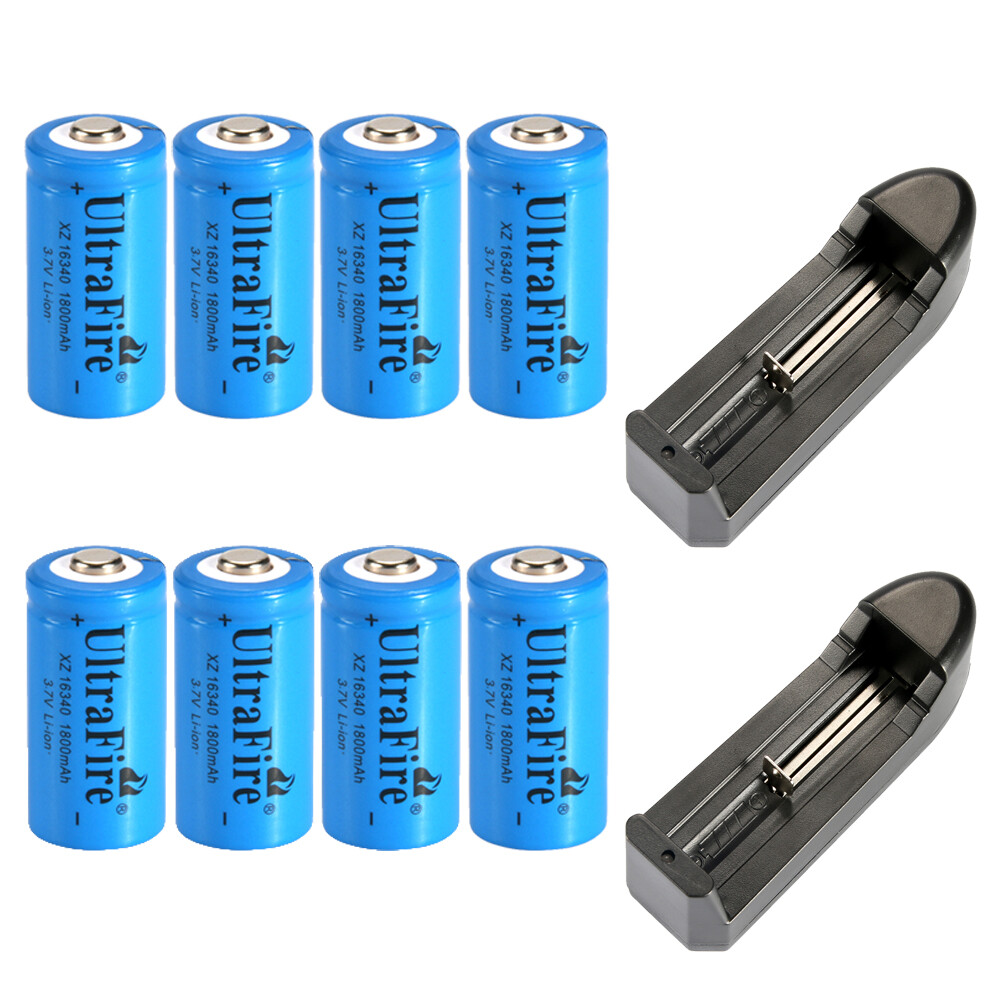 8pcs 16340 3.7v Ultrafire 1800mAH Rechargeable Battery Cell +2pcs Charger