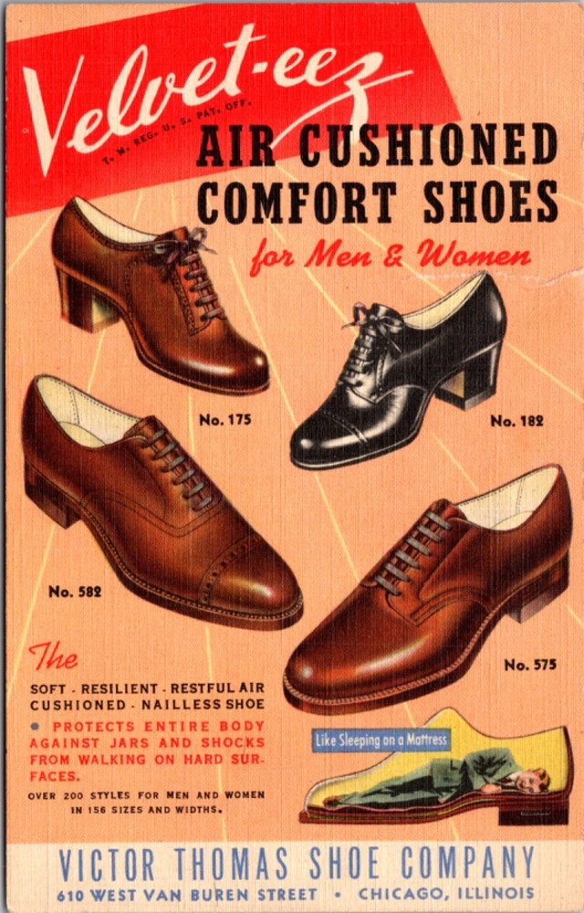 Linen Postcard Advertising Velvet-eez Victor Thomas Shoe Co Chicago, Illinois