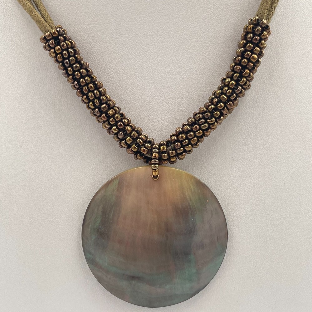 Vintage Lia Sophia Mother of Pearl Pendant Necklace Boho Beaded Cord Retro