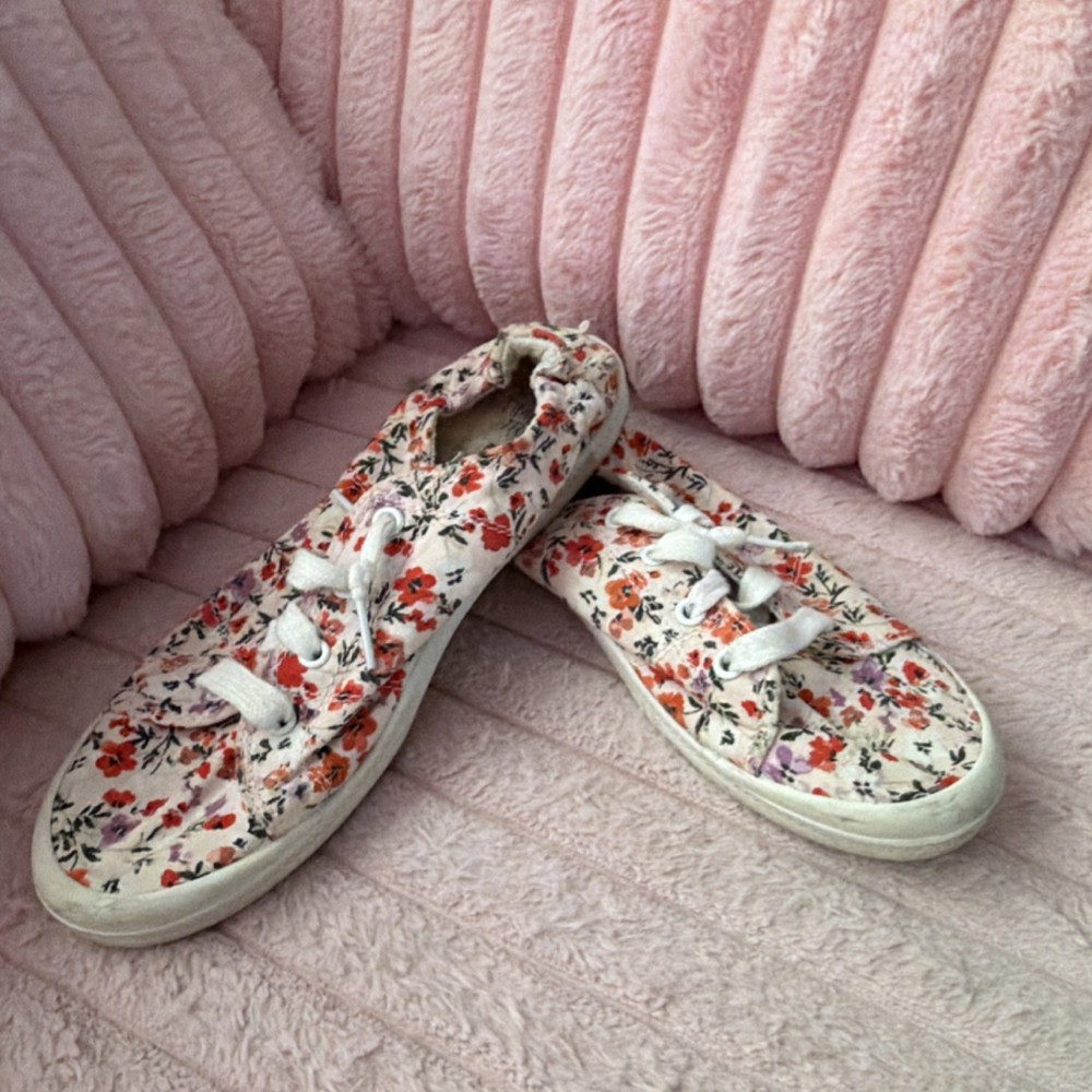 Floral Canvas Lace Up Comfort Sneakers White Red Orange Purple Women's Casual