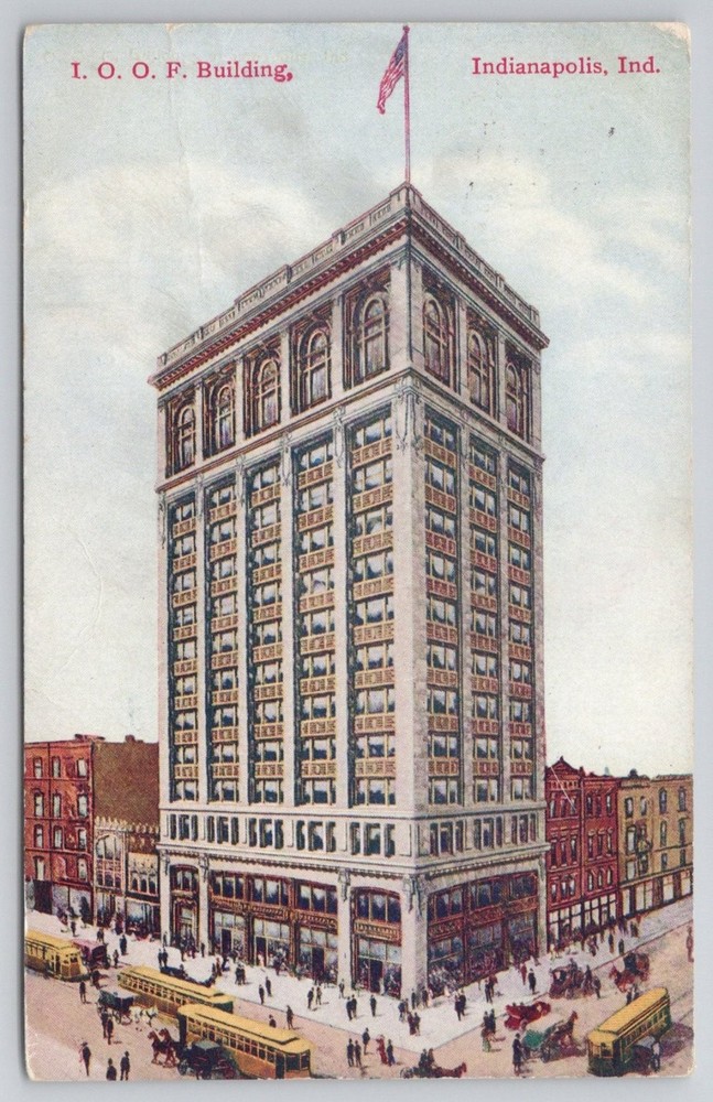 1909 I.O.O.F. Building Indianapolis Indiana Postcard Street Scene Posted