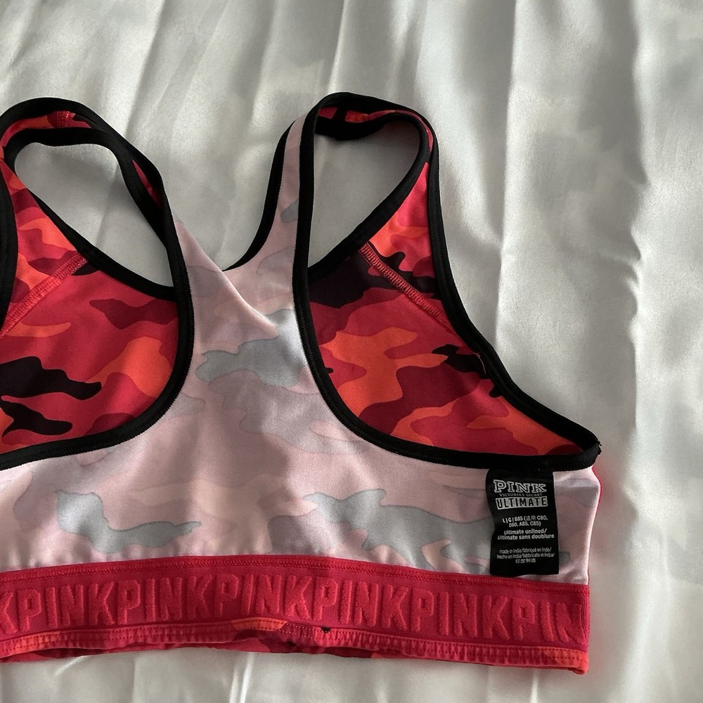 PINK Ultimate Women’s Pink Red Camo Racerback Pullover Wireless Sports Bra large