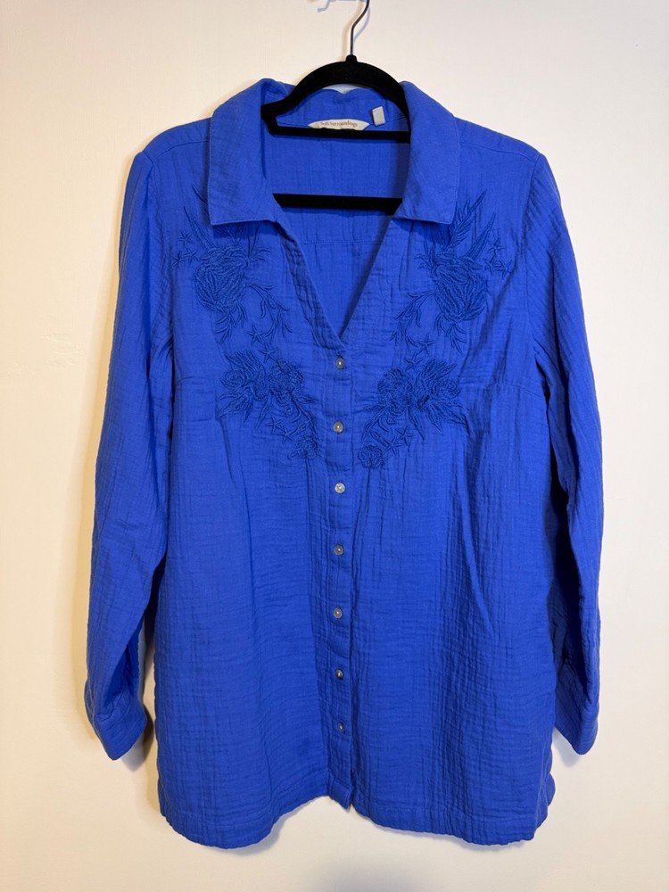 SOFT SURROUNDINGS Escambia Gauze Tunic Shirt Embroidered Amparo Blue Sz L