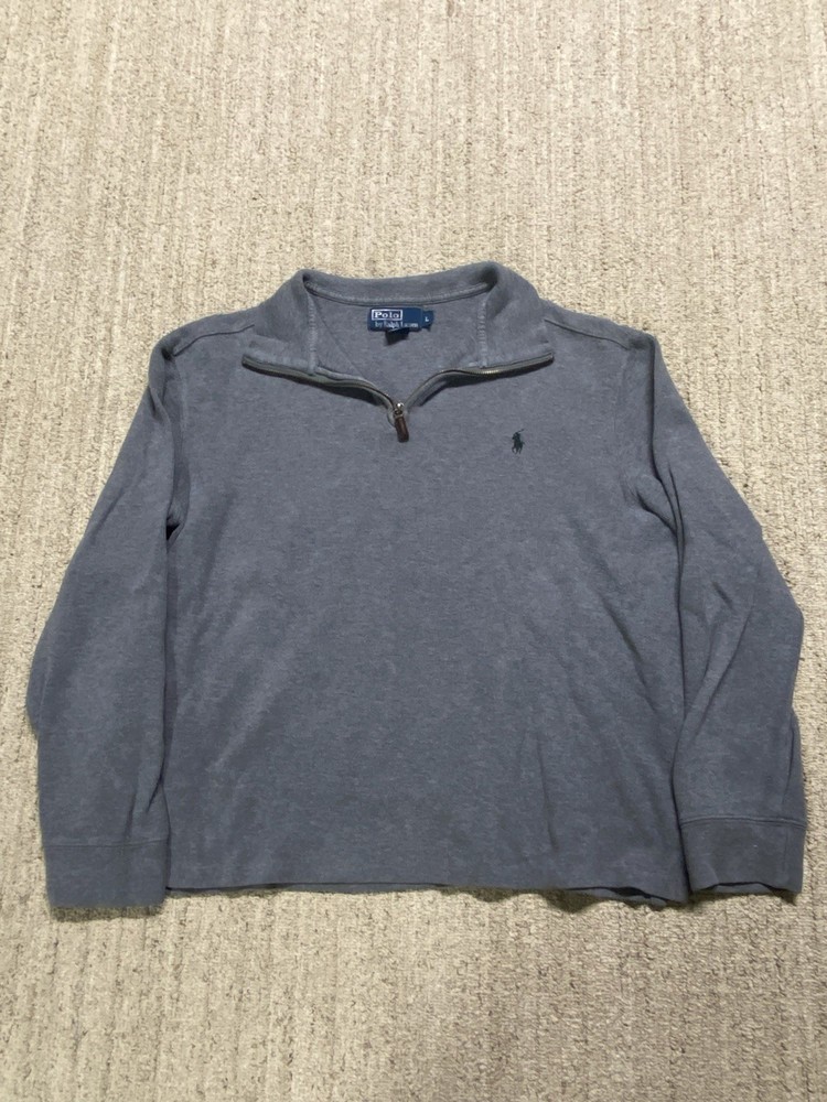 Polo Ralph Lauren 1/4 Zip Dark Gray Pony Mens L Pullover Sweater 100% Cotton VTG