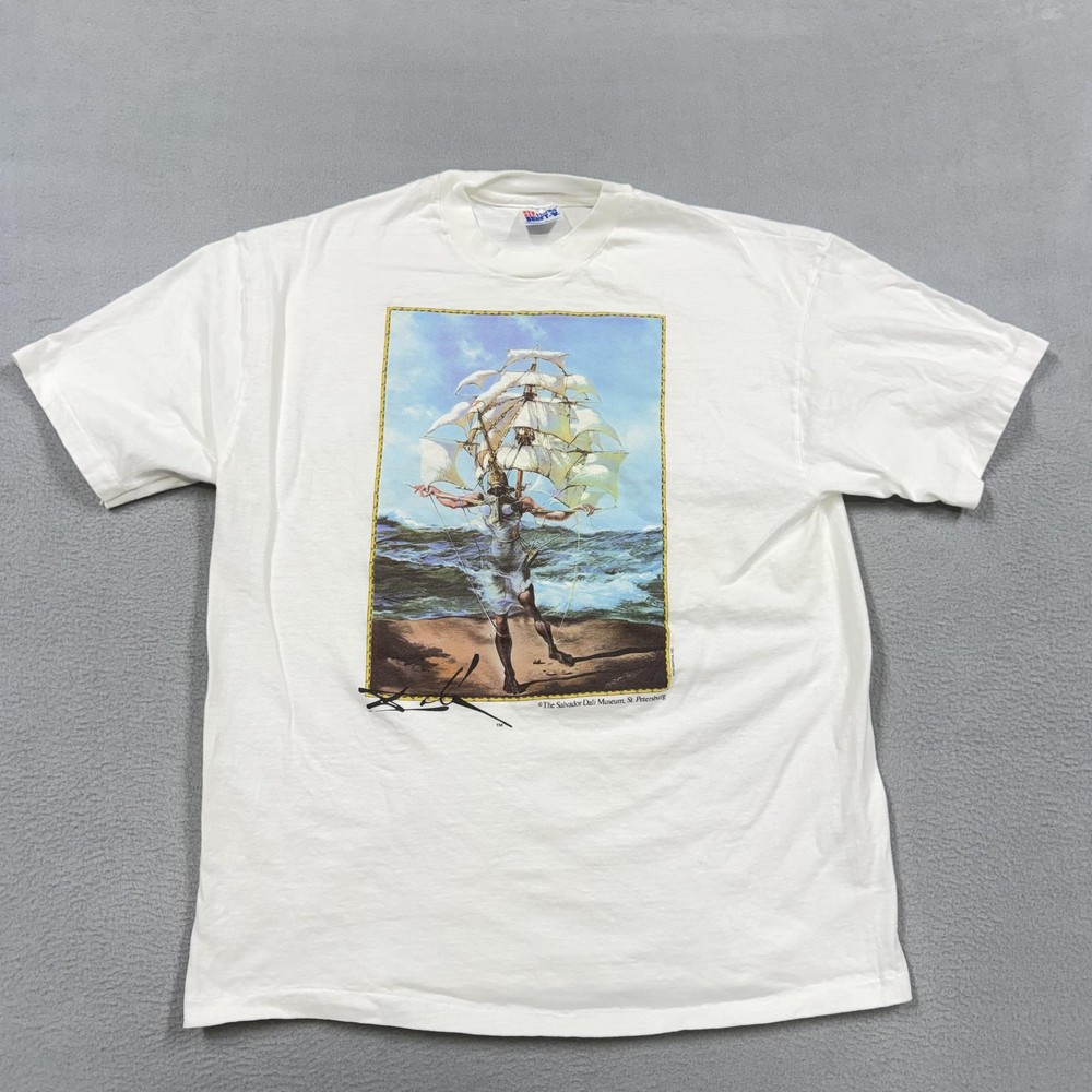 Vintage Salvador Dali Museum Shirt Mens Large White Ship Art Tee Hanes USA 90s