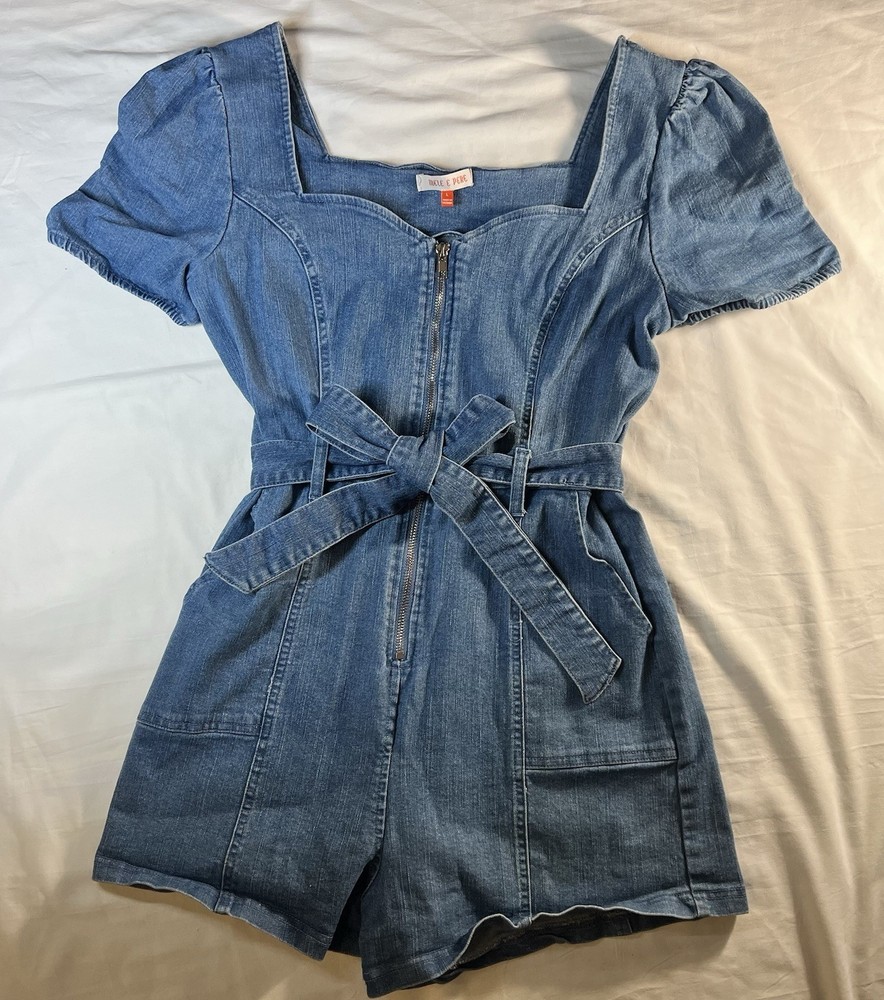 MELE E PERE Blue Denim Belted Romper Zip Front Short Puff Sleeve L