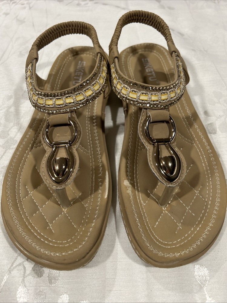 Siketu Womens Beige Sparkly Beaded Boho Sandals Size 8.5 Thong Slingback