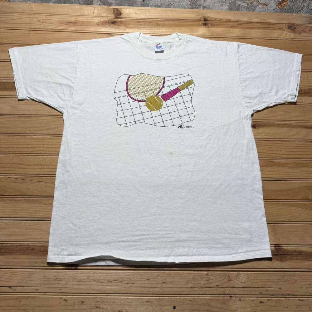 Vintage 90s Tennis Racket Ball Court Glitter Sports Graphic T-Shirt USA - XL