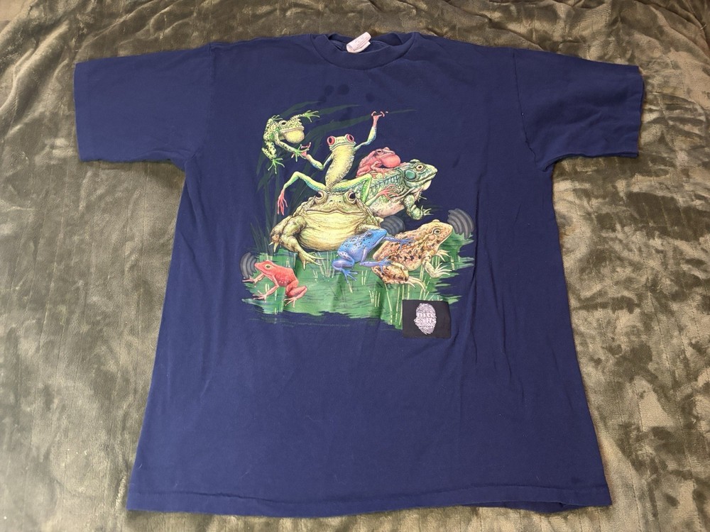 Vintage Frog Nature Shirt Mens XL Blue 90s Wild Oats Animal Wildlife Nite Calls