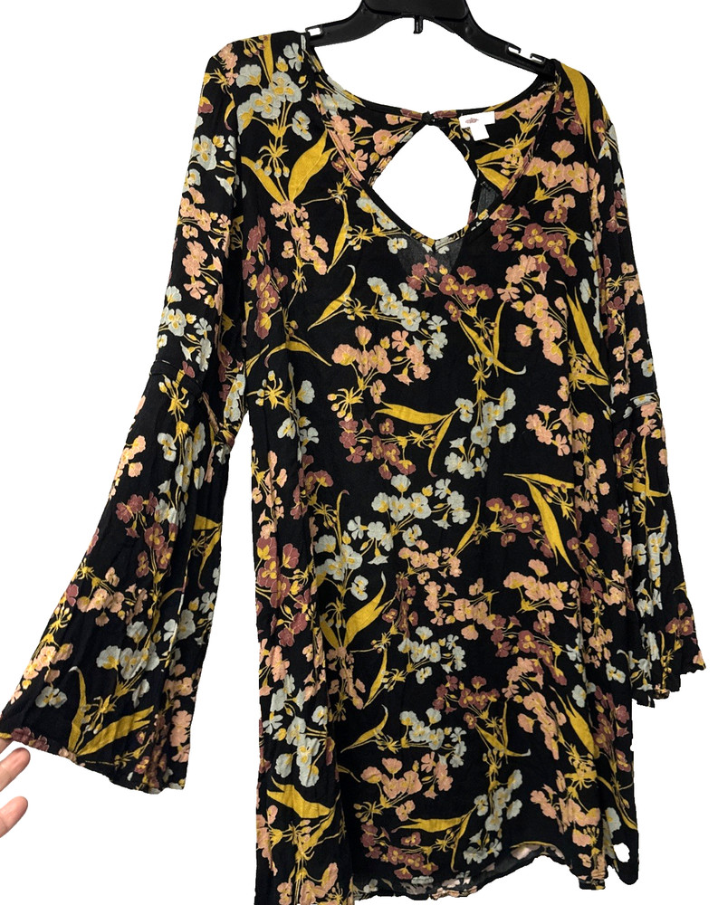 Xhilaration Boho Colorful Floral Shift Dress Long Bell Sleeve Size XL