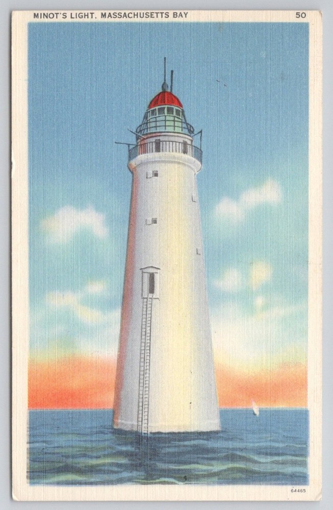 Minot's Light Lighthouse Massachusetts Bay Linen Postcard 1947 Tichnor Bros